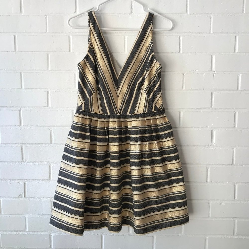 J. Crew Black & Gold V Neck Striped Dress